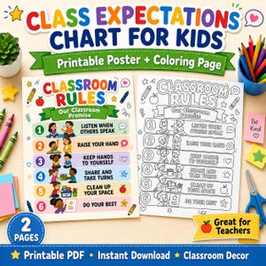 Puede incluir: Un cartel imprimible de normas de clase para niños que incluye dos versiones, una a todo color y otra en blanco y negro para colorear. Ambos pósteres enumeran seis reglas, incluyendo escuchar a los demás y levantar la mano.