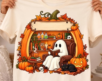 Halloween Ghost PNG, Personalized Pumpkin Library PNG, Book Lover Halloween Design, Custom Name png, Cozy Fall Sublimation, Spooky Reading