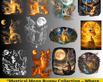 Howling Bunny to the Moon PNG Bundle, Mystical Forest Rabbit Clipart, Moonlight Fantasy Silhouette, Retro Night Design (Digital Download)
