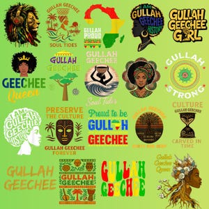 May include: A selection of vibrant Gullah Geechee themed graphics on a green gradient backdrop. The designs feature illustrations of a lion, women, maps, and text such as "Soul Tides" and "Gullah Geechee Queen".