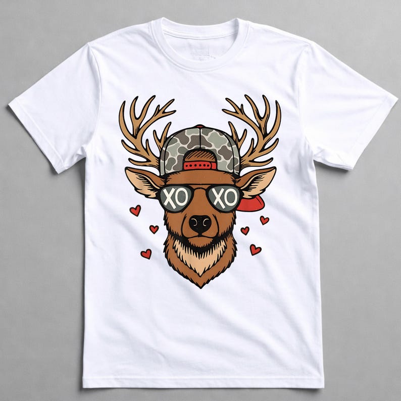 May include: White t-shirt featuring a cartoon deer head wearing sunglasses with "XO" on the lenses, a camouflage baseball cap, and red hearts. The deer has brown antlers and fur. A red brim is visible on the cap.