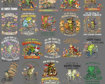 Frog Sewing PNG Bundle, Hoard Fabric and Cause Chaos Sublimation, Retro Frog Quilting Graphics, Cottagecore Toad Sewing Humor, Crafty PNG