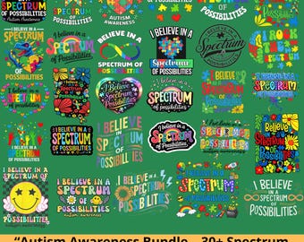 Believe in a Spectrum of Possibilities Bundle PNG, Rainbow Autism Brushstroke Letters, Heart Clipart, Autism Awareness Spectrum