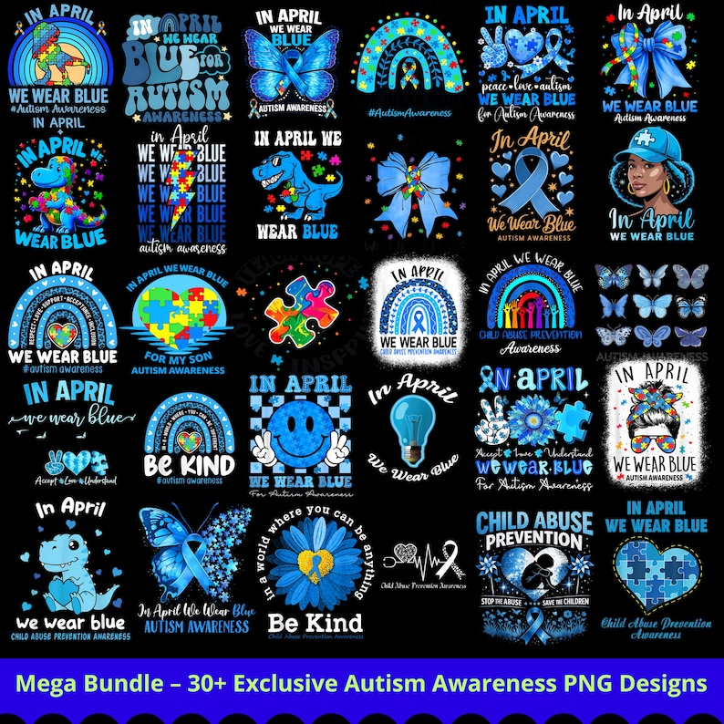 In April We Wear Blue PNG Bundle – Autism Awareness Month Designs ...