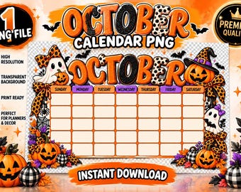 Halloween October Calendar PNG, Cute Spooky Monthly Planner Design, Ghost Pumpkin Calendar, Fall Digital Download