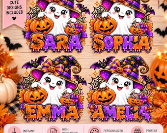 Personalized Halloween Ghost PNG Bundle, Custom Name Witch Ghost PNG, Cute Pumpkin Halloween Design, Spooky Sublimation, Digital Download
