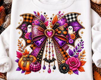 Halloween Bow PNG, Coquette Halloween Design, Ghost Bow PNG, Leopard Pumpkin PNG, Plaid Fall Design, Spooky Season Sublimation