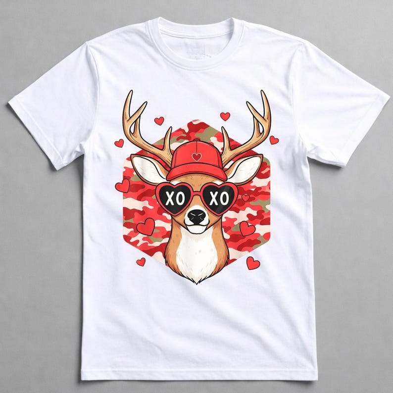 May include: White t-shirt featuring a cartoon deer wearing heart-shaped sunglasses with "XO" on the lenses and a red hat. The deer is set against a red and white camouflage background, with red hearts scattered around.