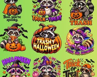 Halloween Raccoon PNG Bundle, Trick or Treat PNG, Spooky Raccoon PNG, Pumpkin Halloween Designs, Witch Raccoon, Cute Halloween Sublimation
