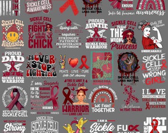 Sickle Cell Awareness Bundle PNG, Burgundy Ribbon Warrior Clipart, Support Squad Survivor Digital Red Black Designs