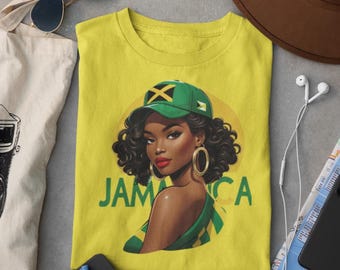 Jamaica Girl Hat Vector | Jamaican Flag Woman Art | Black Girl Afro Caribbean Illustration | Jamaica Pride Poster T-Shirt Design