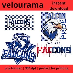 Könnte beinhalten: Ein digitaler Download mit vier Designs, die das Wort "Falcons" und eine Adlergrafik zeigen. Die Designs umfassen ein Schachbrettmuster, einen blau-weißen Adlerkopf und den Text "Pride" und "We are Falcons".