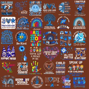 Peut inclure: Plusieurs graphiques avec du texte et des illustrations sur la prévention de la maltraitance des enfants. Les motifs comportent des phrases telles que « Stand Up To Child Abuse », « Child Abuse Prevention Month » et « All Kids Matter ». La palette de couleurs est principalement bleue.
