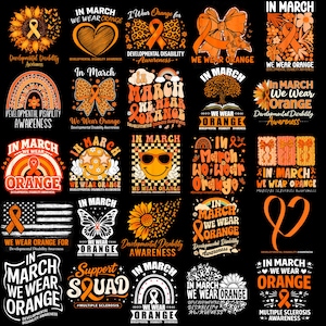 Peut inclure: Plusieurs motifs oranges pour la sensibilisation aux handicaps développementaux et à la sclérose en plaques. Les motifs comprennent des rubans, des cœurs, des papillons et du texte tel que "In March We Wear Orange" et "We Wear Orange For".