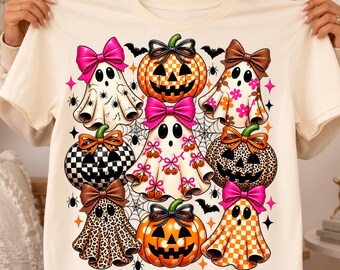 Halloween Ghost PNG, Coquette Halloween PNG, Ghost Pumpkin PNG, Leopard & Checkered Bow Design, Spooky Season Sublimation