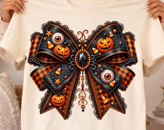 Halloween Coquette Bow PNG, Halloween Bow PNG, Pumpkin Bow PNG, Gothic Spooky Bow, Plaid Fall Bow, Halloween Sublimation Design
