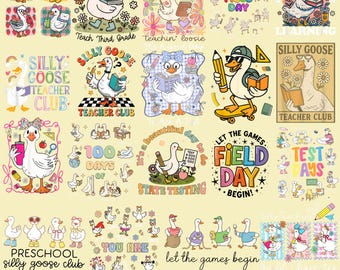 Silly Goose Teacher PNG Bundle, Field Day Goose Sublimation, Retro Teacher Club PNG, School Testing Day Clipart, 100 Days of School Designs