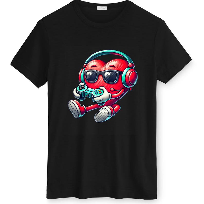 May include: Black t-shirt featuring a cartoon heart character wearing sunglasses and headphones, holding a video game controller. The heart is red with white gloves and shoes, and the controller is blue. The design has a vibrant, digital art style.