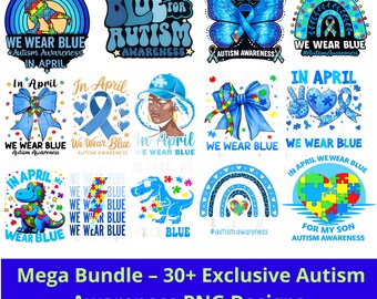 In April We Wear Blue PNG Bundle – Autism Awareness Month Designs,Infinity Symbol, Autism Mom Support Graphics,Autism Month Png,Coquette Png