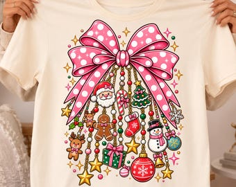 Pink Christmas Bow PNG, Christmas Tree Bow PNG, Pink Coquette Christmas Design, Santa Gingerbread PNG, Christmas Sublimation Design