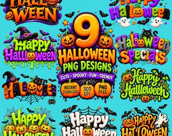 Halloween PNG Bundle, 9 Halloween Designs, Happy Halloween PNG, Spooky Season PNG, Pumpkin Ghost png, Halloween Sublimation