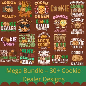 Könnte beinhalten: Eine Sammlung von über 30 Cookie-Dealer-Designs in verschiedenen Stilen. Die Designs zeigen Cartoon-Cookies mit Sonnenbrillen, Kronen und Texten wie "Cookie Queen" und "Cookie Dealer Security". Die Farbpalette umfasst Braun, Grün und Rosa.