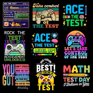 May include: A collection of colorful graphic designs with text related to test-taking and gaming. Designs include game controllers, motivational phrases like "Ace the Test," and phrases like "Level Up." The color palette includes blues, greens, pinks, and yellows.