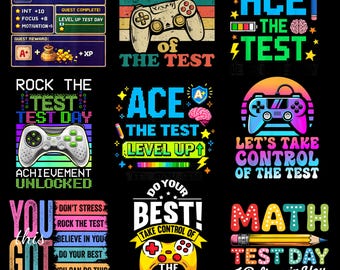 Gamer Test Day PNG Level Up Ace The Test with Pixel Art designs.Perfect for Sublimation,Teacher Shirts Student Motivation,Instant Download
