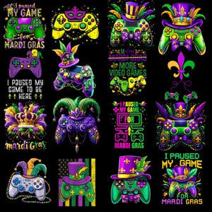 Peut inclure: Plusieurs motifs colorés de manettes sur le thème du Mardi Gras. Chaque manette présente un design unique avec des chapeaux, des perles et du texte comme "I paused my game for Mardi Gras". La palette de couleurs comprend le vert, le violet et l'or.