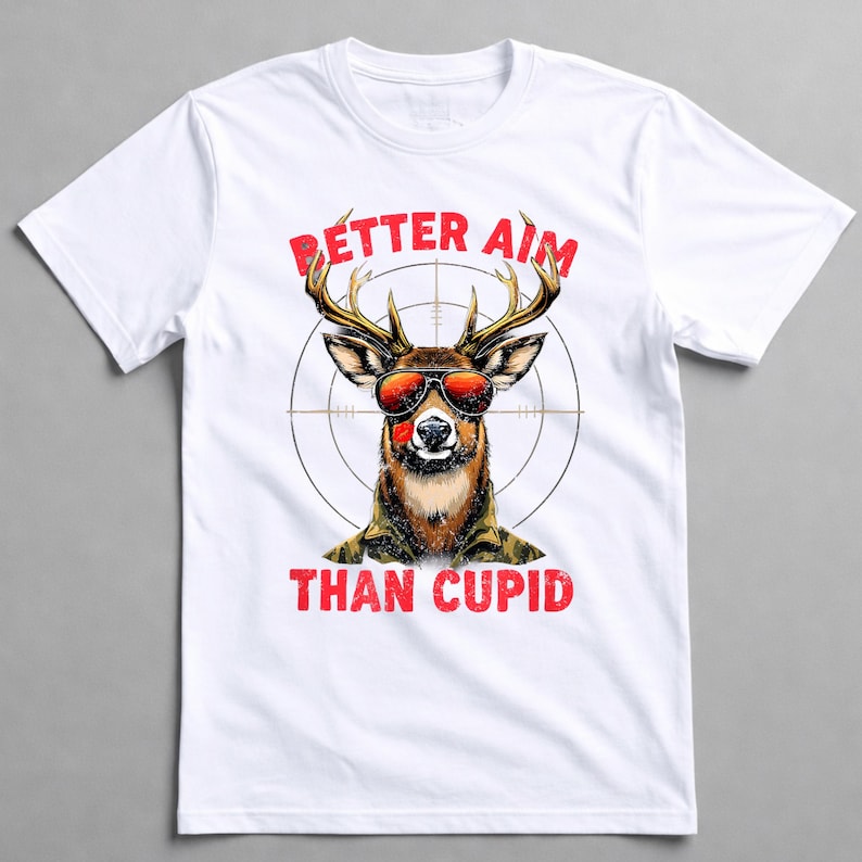 May include: White t-shirt featuring a deer wearing sunglasses and a military-style jacket, with the text "BETTER AIM THAN CUPID" in red. The deer is centered within a target reticle.
