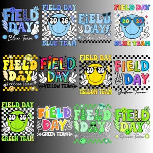 Puede incluir: Una colección de coloridos diseños de "Field Day". Cada diseño presenta las palabras "Field Day" en varias fuentes y colores, junto con una carita sonriente con el año "2026" y nombres de equipos como "Blue Team", "Yellow Team" y "Green Team".