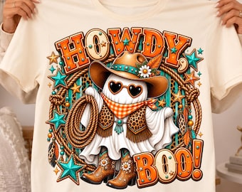 Howdy Boo PNG, Cowgirl Ghost PNG, Western Halloween png, Cowboy Ghost png, Spooky Cowgirl, Leopard Boots, Rodeo Halloween Sublimation