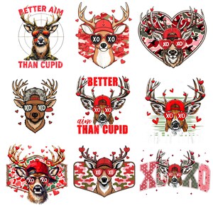 May include: A collection of deer illustrations with sunglasses and hats, some with the text "Better Aim Than Cupid" and "XO XO". The deer are in various poses, with heart and camouflage patterns.