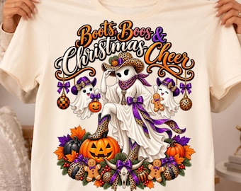 Halloween Christmas Cowgirl PNG, Boots Boos & Christmas Cheer, Western Ghost PNG, Leopard Bow, Spooky Christmas Sublimation