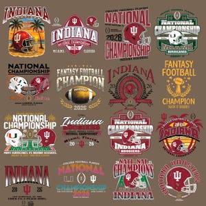 Puede incluir: Una colección de diseños del campeonato de fútbol americano universitario de los Indiana Hoosiers. Los diseños presentan cascos de fútbol, el logotipo del equipo y el texto "National Championship" y "2026". La combinación de colores incluye rojo, blanco y marrón.