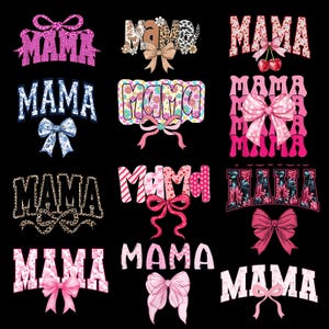 Peut inclure: Collection de neuf motifs "MAMA" aux styles variés. Les motifs présentent des nœuds, des motifs floraux, des imprimés animaliers et des cerises. La palette de couleurs comprend du rose, du bleu et du marron sur fond noir. Idéal pour vêtements et accessoires.