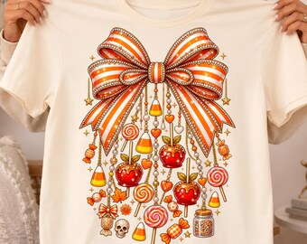 Halloween Bow PNG, Coquette Candy Bow PNG, Candy Corn Bow, Caramel Apple PNG, Orange White Bow, Fall Halloween Sublimation