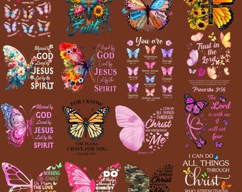 May include: A collection of butterfly designs with inspirational text. The butterflies feature various colors and patterns, with some incorporating floral elements and religious phrases like "God Says I Am" and "Trust in the Lord".