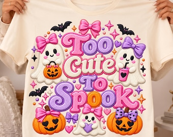 Too Cute To Spook PNG, Coquette Halloween PNG, Cute Ghost Pumpkin PNG, Pink Purple Halloween Design, Spooky Season Sublimation
