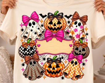 Personalized Halloween PNG, Custom Name Ghost PNG, Coquette Halloween Design, Leopard Pumpkin PNG, Checkered Ghost, Spooky Sublimation