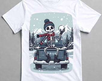 Winter Skeleton Truck SVG – Funny Skeleton Wearing Winter Clothes – Snowy Pickup Truck Clipart – Cold Weather Skeleton Sublimation Design