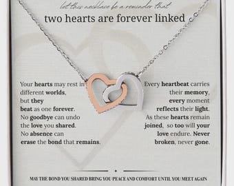 Interlocking Hearts Sympathy Necklace: 14k White Gold Finish, Bereavement Gift