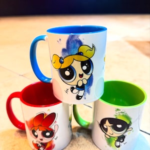 Power puff Girls Color Handle Mug Set Blossom, Bubbles & Buttercup Cartoon Gift for Kids and 90s Fans, Cute Anime Coffee Mug, Retro Cup