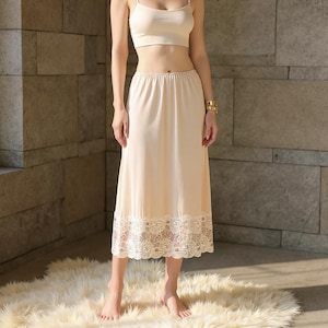 Womens Modal Half Slip Underskirt | Lace Trim Knee Length Petticoat | Under Dress Skirt Extender | Anti Static Midi Slip