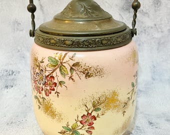 Rare Victorian Biscuit Barrel | Hand-Painted Wildflowers | Gilt | Silver Plated Mounts | Cookie Jar