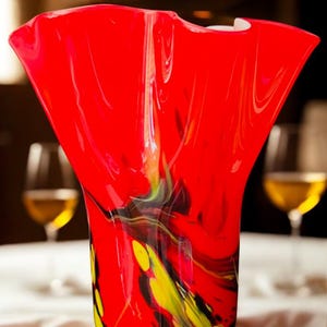 Murano-Style Fazzoletto Vase (Handkerchief)  – Red Art Glass with Yellow & Black Swirls – Studio Blown Glass, Mid Century-Inspired Decor