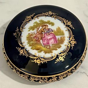 Vintage Limoges Castel France 22K Gold Cobalt Blue Porcelain Trinket Powder Box Fragonard Courting Scene French Vanity Decor