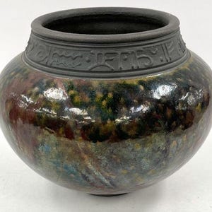 Handcrafted Raku Pottery – Black Fired Ceramic with Decorative Cuneiform– Iridescent Glaze