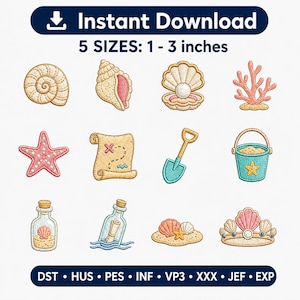 May include: A digital "Instant Download" design with embroidered beach motifs. Includes a seashell, starfish, treasure map, shovel, bucket, and other elements. The designs are available in 5 sizes, ranging from 2.5 to 7.6 cm.