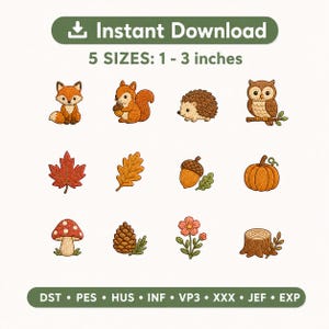 May include: A collection of embroidered autumn-themed designs, including a fox, squirrel, hedgehog, owl, maple leaf, oak leaf, acorn, pumpkin, mushroom, pinecone, flower, and tree stump. The designs are available in 5 sizes, ranging from 1 to 3 inches.